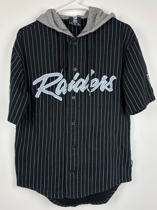 NFL Other - NFL Black Pinstripe Oakland Raiders Hooded Button-Up Jersey XS Good Condition